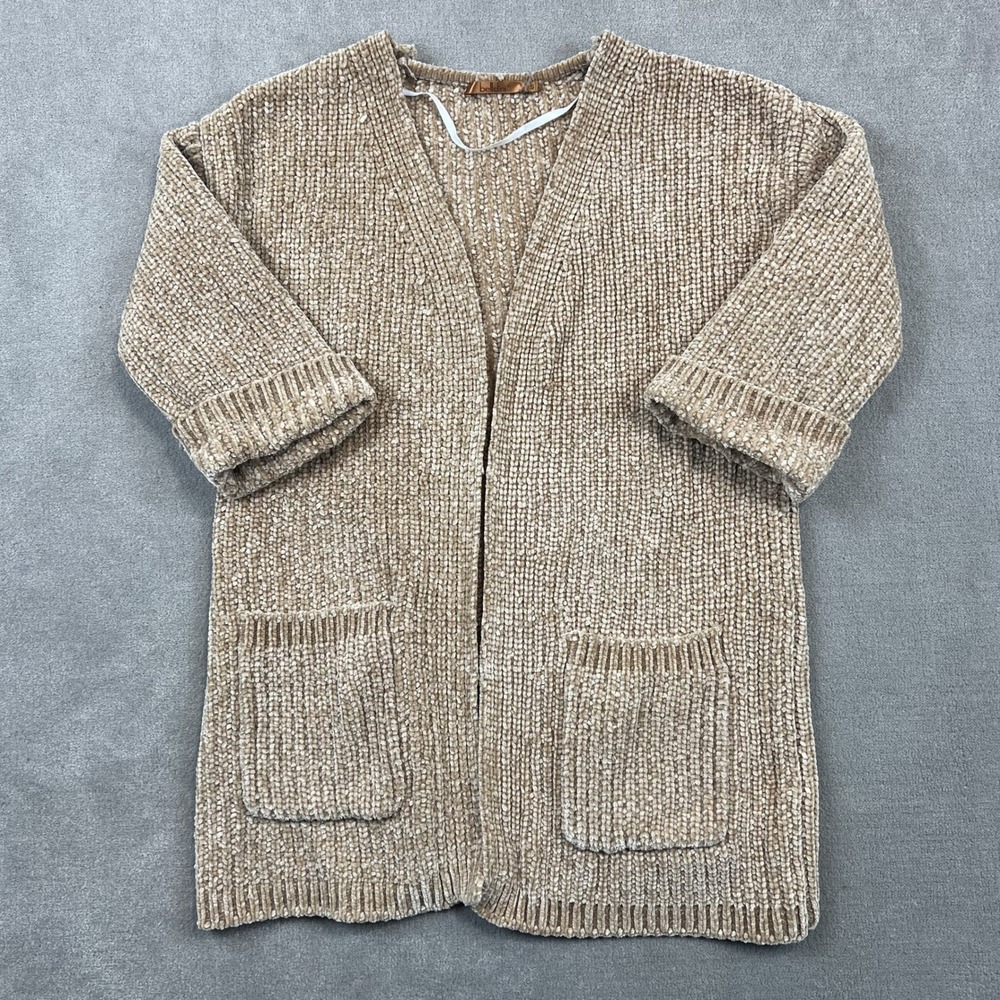 Belldini Cardigan Women Small Beige Tan Chenille Knit Open Front Pocket Cuffed